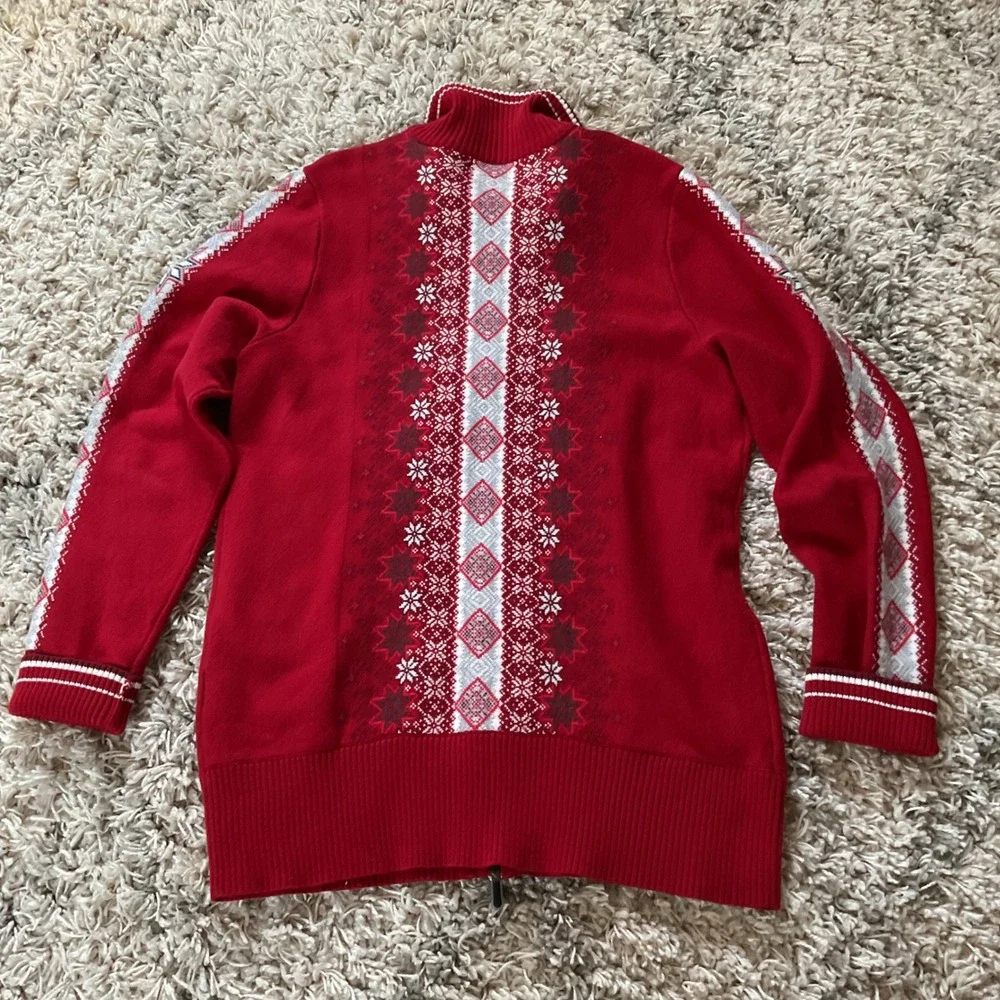 Eddie Bauer Womens Red Fair Isle Full Zip Nordic Snowflake Sweater Mock‎ Neck L